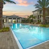 Resort-style swimming pool surrounding by palm trees at Edera Palm Springs